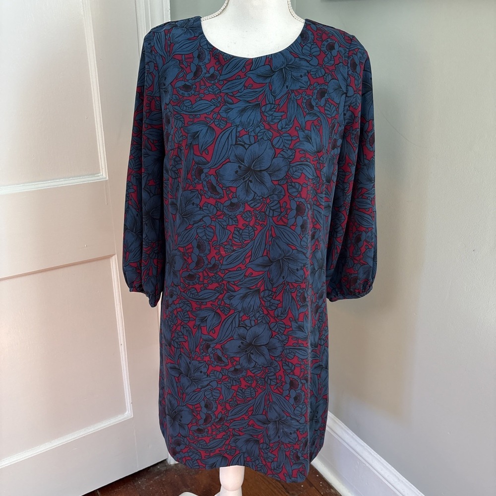Ann Taylor Floral Long Sleeve Dress Blue Burgundy Size 6 Petite Knee Length
